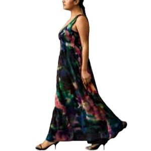 She's Cool Peacock Colorful Long Halter Top Empire Waist Flowy Maxi Dress